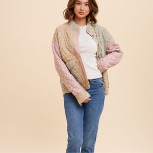 In Bloom Quilted Patchwork Jacket in Pastel Pink, Sage & Beige